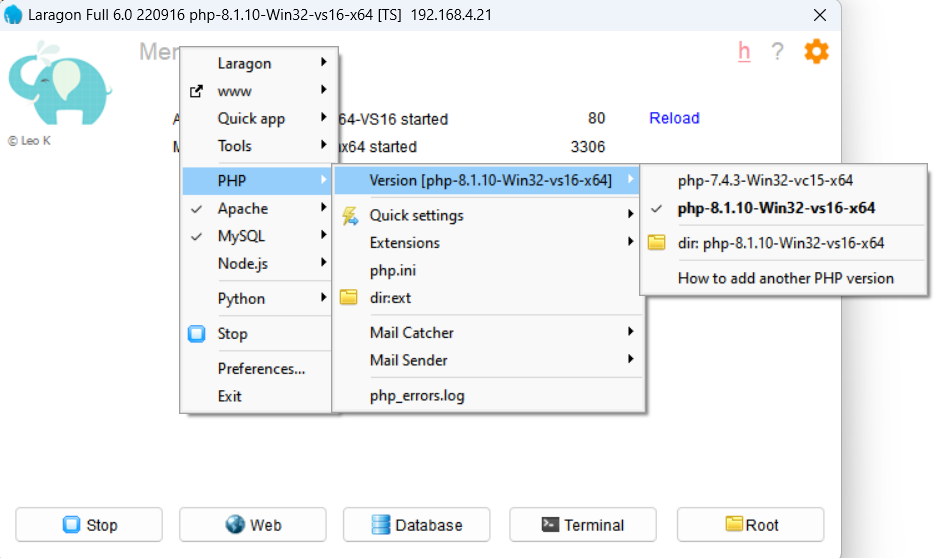 Image of a Laragon menu.  The menu shows the PHP menu open and the version menu open.  The version menu shows two versions of PHP available, PHP 7.4.3 and PHP 8.1.10.  PHP 8.1.10 is currently selected.  It also shows a folder icon with a directory link to the currently active PHP version.