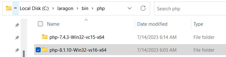 Windows File Explorer window showing the contents of C:\laragaon\bin\php.  It contains two folders, one labeled 'php-7.4.3-Win32-vc15-x64' and one labeled 'php-8.1.10-Win32-vs16-x64'.