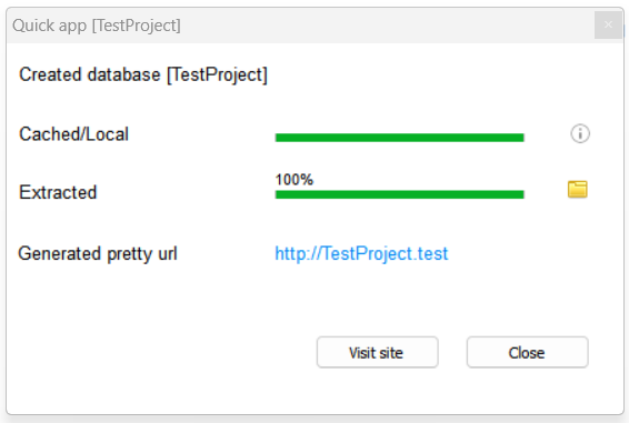 Image of a window with two completed progress bars (Cached/Local and Extracted) and a link next to the words 'Generated pretty URL.