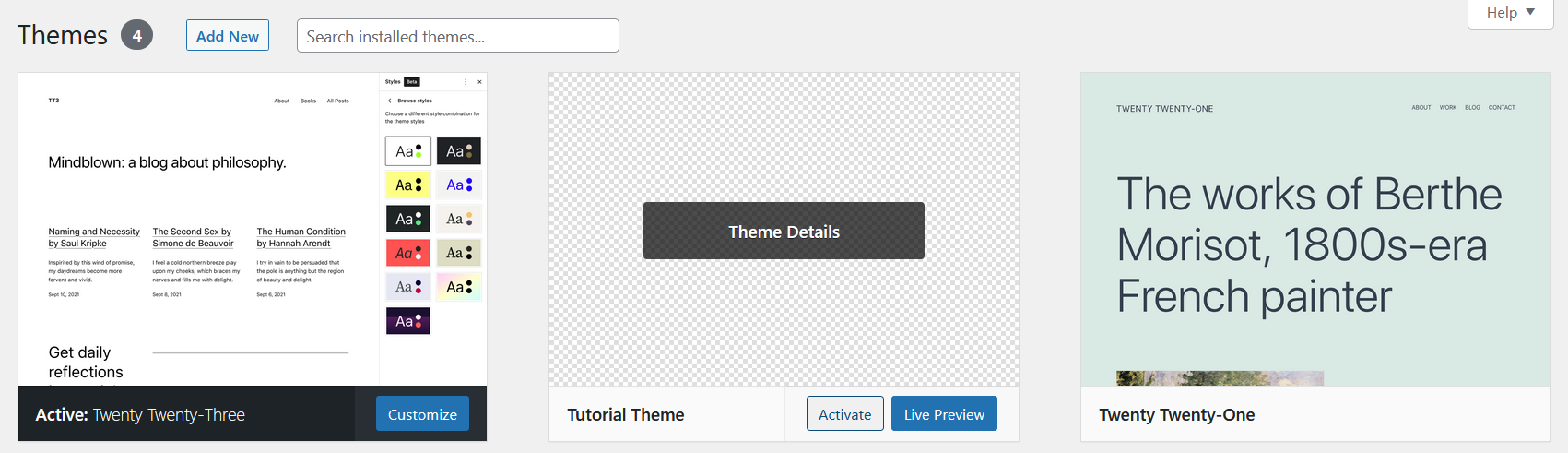 List of themes available in WordPress admin